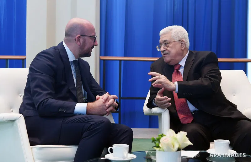 Palestinian President Mahmoud Abbas meets with Belgian Prime Minister Charles Michel in New York City, U.S. on September 19, 2017. Photo by Osama Falah