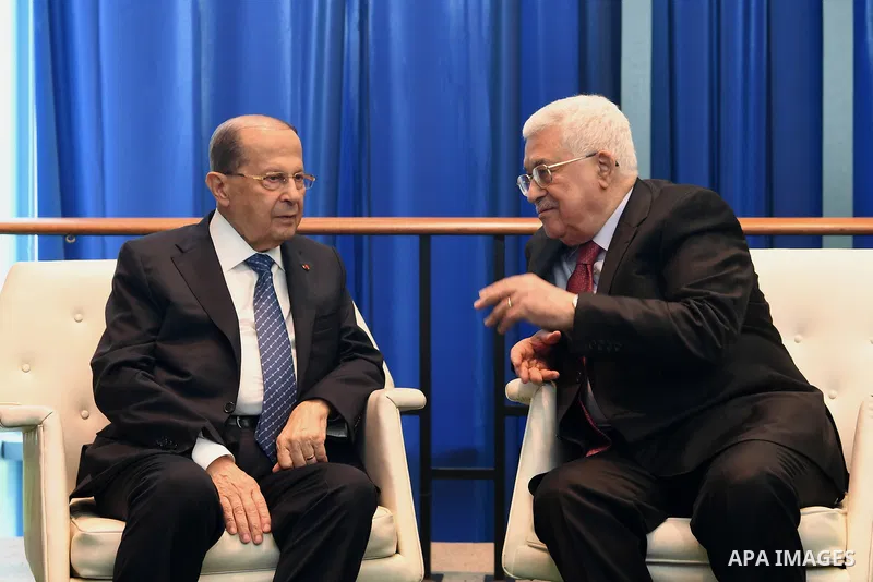 Palestinian President Mahmoud Abbas meets with Lebanese President Michel Aoun in New York City, U.S. on September 19, 2017. Photo by Osama Falah