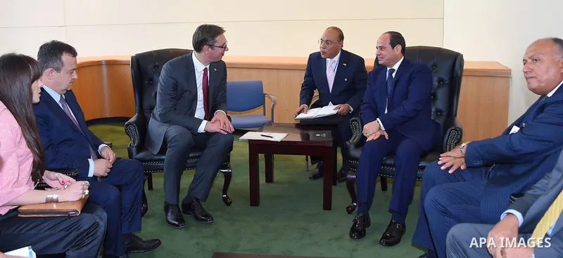 Egyptian President Abdel Fattah al-Sisi meets with Serbian President Alexander Vucic, in New York on September 19, 2017 in New York City. Photo by Egyptian President Office