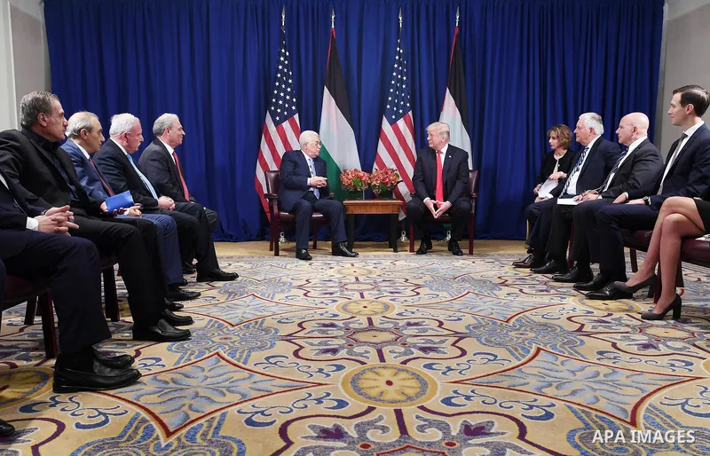 Palestinian President Mahmoud Abbas meets with US President Donald Trump in New York City, U.S. on September 19, 2017. Photo by Thaer Ghanaim