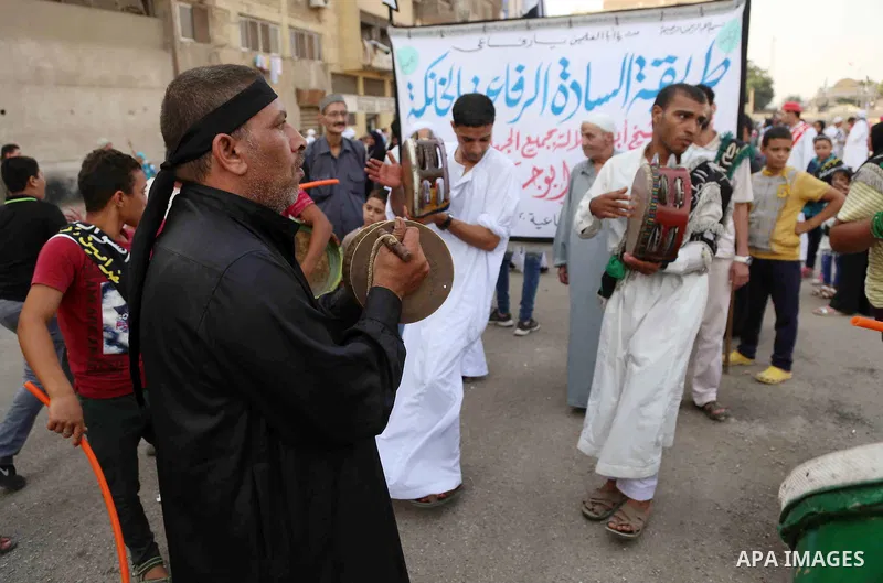 Egyptian Sufi Muslims practice ritualized Zikr (invocation) to celebrate the New Islamic Hijri year 1439 in front of al-Hussein mosque at Al-Azhar district in old Islamic Cairo, Egypt, on September 22, 2017. Photo by Amr...