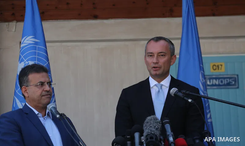 Nikolay Mladenov, United Nations Special Coordinator for the Middle East Peace Process, speaks during a press conference, in Gaza city on September 25, 2017. Photo by Mohammed Asad