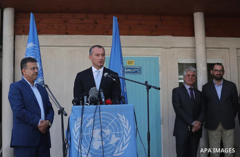 Nikolay Mladenov, United Nations Special Coordinator for the Middle East Peace Process, speaks during a press conference, in Gaza city on September 25, 2017. Photo by Mohammed Asad