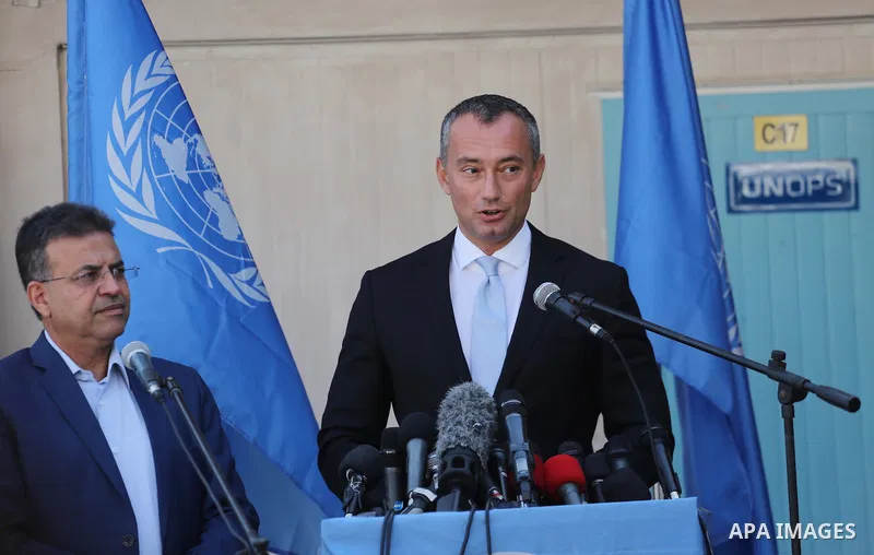 Nikolay Mladenov, United Nations Special Coordinator for the Middle East Peace Process, speaks during a press conference, in Gaza city on September 25, 2017. Photo by Mohammed Asad