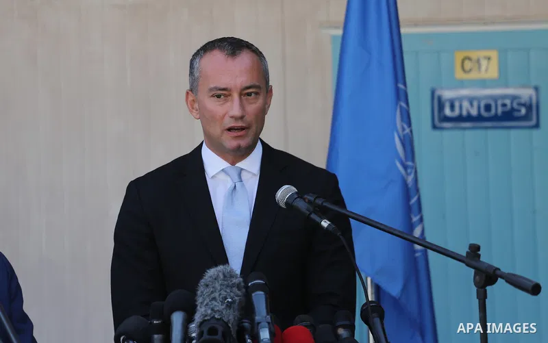 Nikolay Mladenov, United Nations Special Coordinator for the Middle East Peace Process, speaks during a press conference, in Gaza city on September 25, 2017. Photo by Mohammed Asad
