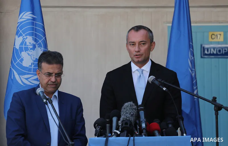 Nikolay Mladenov, United Nations Special Coordinator for the Middle East Peace Process, speaks during a press conference, in Gaza city on September 25, 2017. Photo by Mohammed Asad