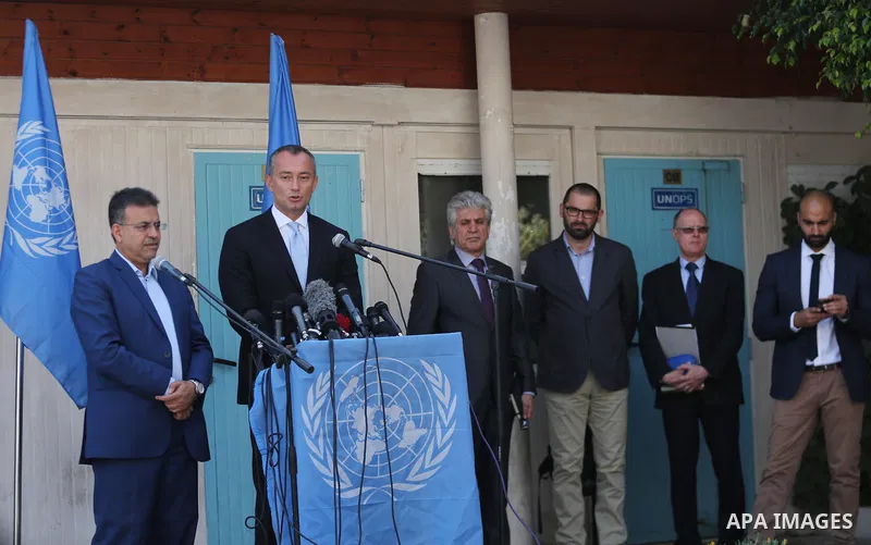 Nikolay Mladenov, United Nations Special Coordinator for the Middle East Peace Process, speaks during a press conference, in Gaza city on September 25, 2017. Photo by Mohammed Asad
