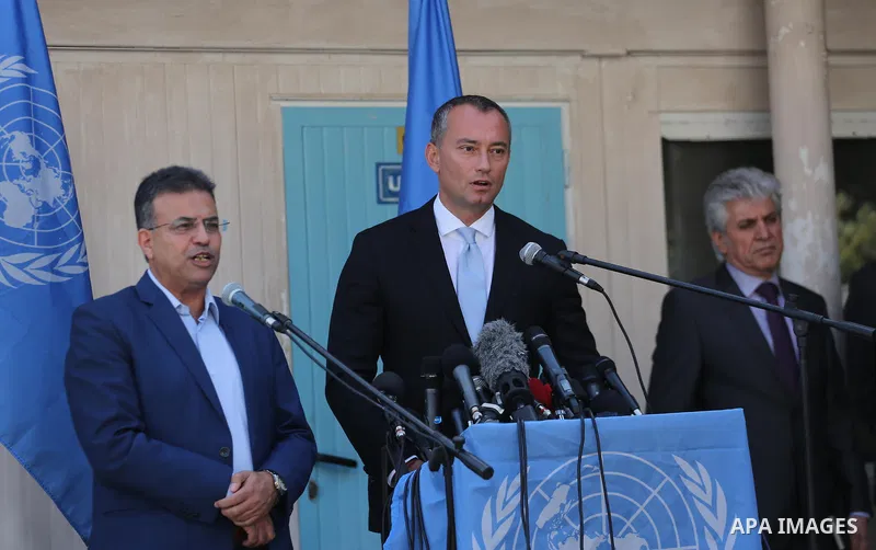 Nikolay Mladenov, United Nations Special Coordinator for the Middle East Peace Process, speaks during a press conference, in Gaza city on September 25, 2017. Photo by Mohammed Asad