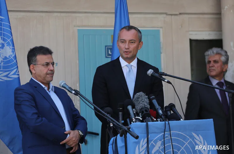 Nikolay Mladenov, United Nations Special Coordinator for the Middle East Peace Process, speaks during a press conference, in Gaza city on September 25, 2017. Photo by Mohammed Asad