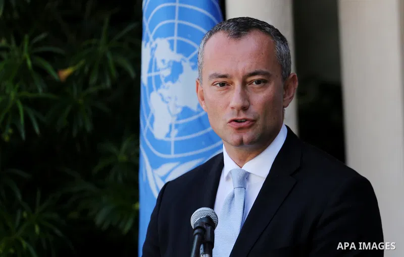 Nikolay Mladenov, United Nations Special Coordinator for the Middle East Peace Process, speaks during a press conference, in Gaza city on September 25, 2017. Photo by Mohammed Asad