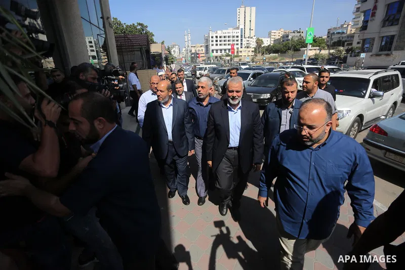 Hamas Chief Ismail Haniyeh and Yahya Sinwar the new leader of the Hamas Islamist movement in the Gaza Strip arrive to meet with leaders of Palestinian factions in Gaza City on September 25, 2017. Photo by Mohammed Asad