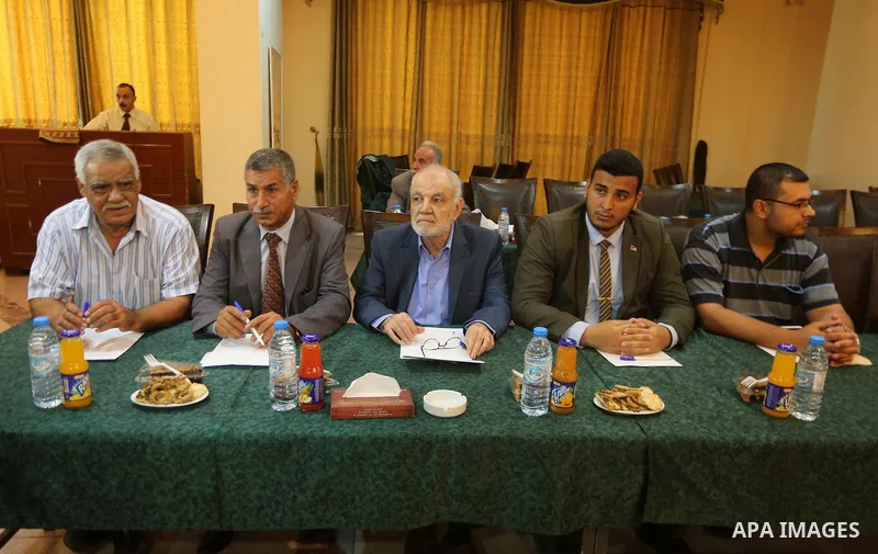 leaders of Palestinian factions attend a meeting with Hamas Chief Ismail Haniyeh and Yahya Sinwar the new leader of the Hamas Islamist movement in the Gaza Strip, in Gaza City on September 25, 2017. Photo by Mohammed Asa...
