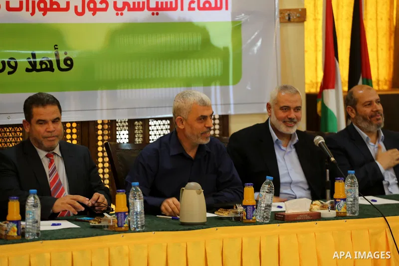Hamas Chief Ismail Haniyeh and Yahya Sinwar the new leader of the Hamas Islamist movement in the Gaza Strip attend a meeting with leaders of Palestinian factions in Gaza City on September 25, 2017. Photo by Mohammed Asad