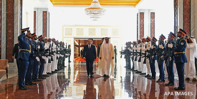 Sheikh Mohammed bin Zayed al-Nahyan Crown Prince of Abu Dhabi receives Egyptian President Abdel Fattah al-Sisi, in Abu Dhabi , on September 25, 2017. Photo by Egyptian President Office