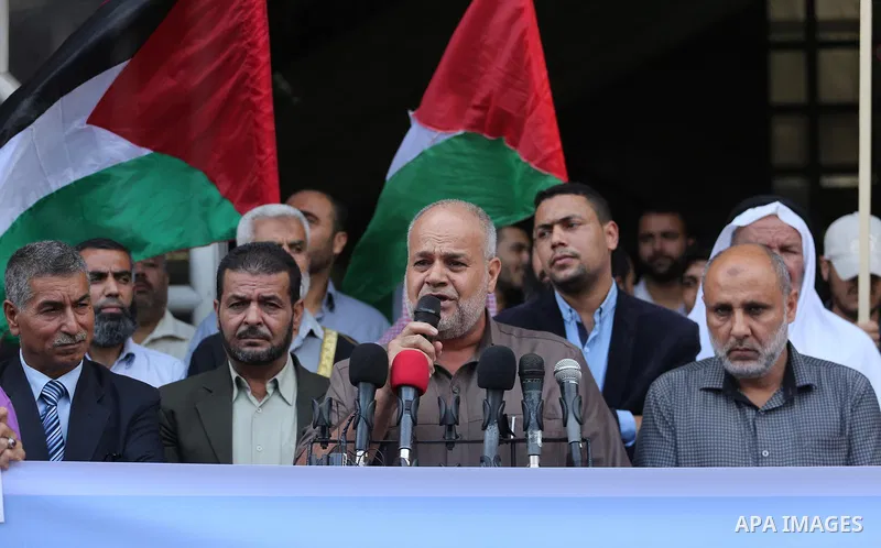 Palestinian supporters of Islamic Jihad celebrate with an attack on a Jewish settlement in the occupied West Bank, in Gaza city on September, 26, 2017. Israeli forces shot dead a Palestinian on Tuesday morning after the...