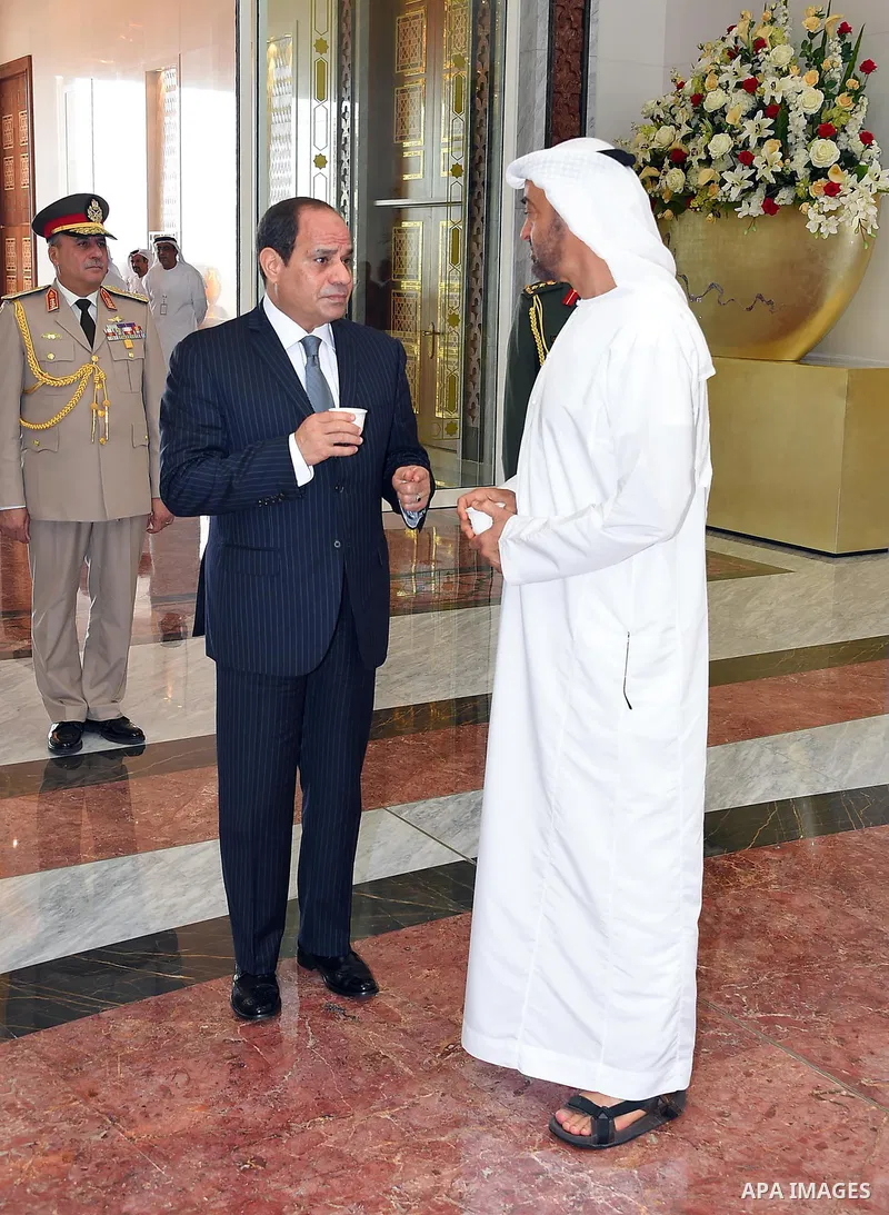 Egyptian President Abdel Fattah al-Sisi and Sheikh Mohammed bin Zayed al-Nahyan Crown Prince of Abu Dhabi drink coffee before he leaves Abu Dhabi, on September 26, 2017. Photo by Egyptian President Office