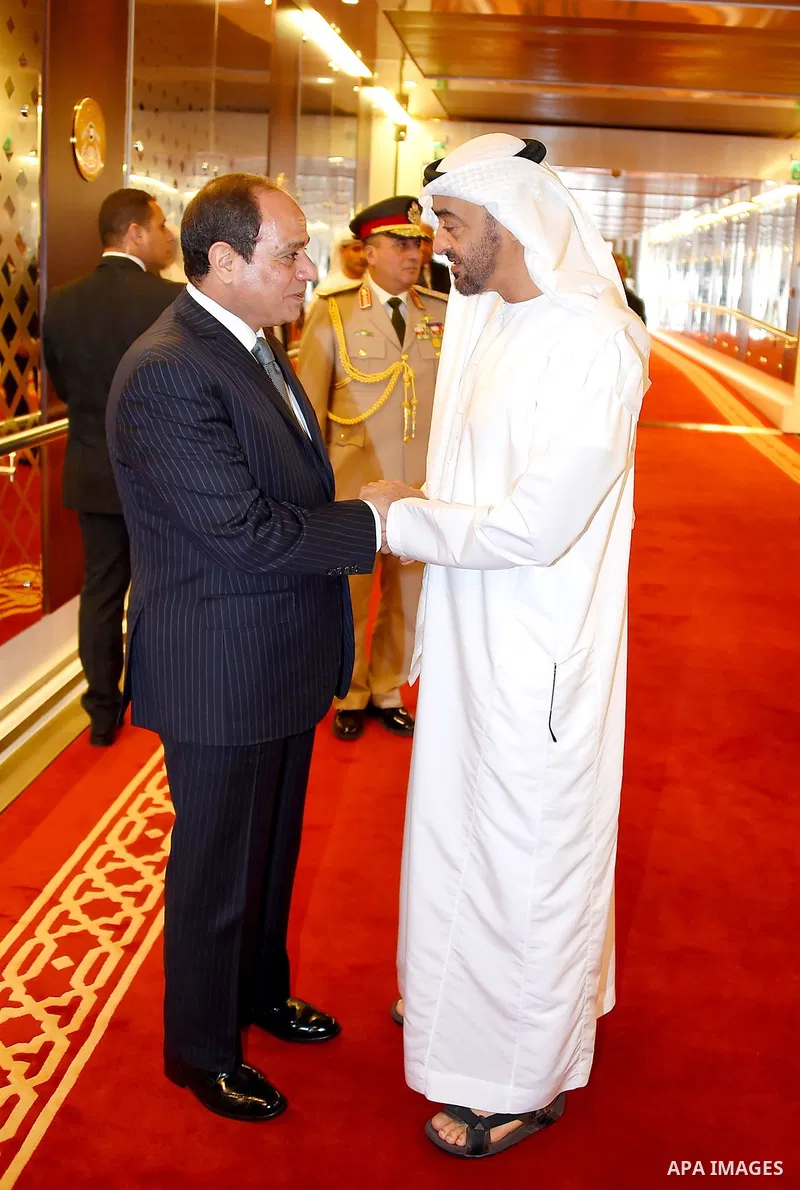 Egyptian President Abdel Fattah al-Sisi and Sheikh Mohammed bin Zayed al-Nahyan Crown Prince of Abu Dhabi drink coffee before he leaves Abu Dhabi, on September 26, 2017. Photo by Egyptian President Office
