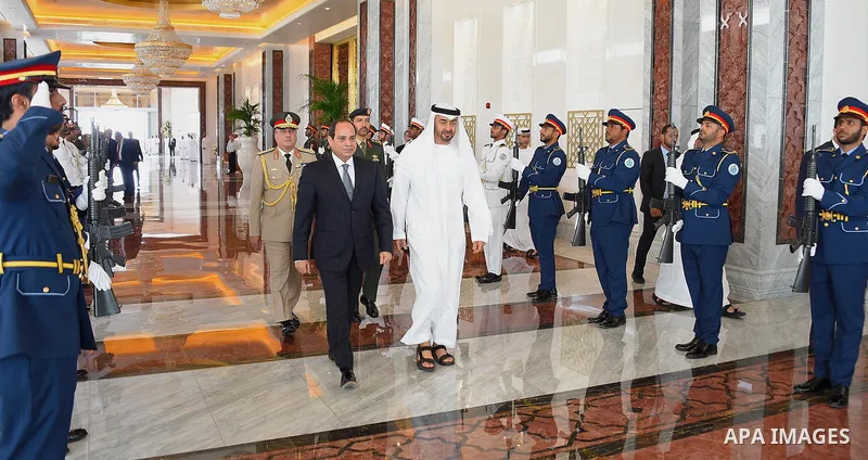 Egyptian President Abdel Fattah al-Sisi walks alongside of Sheikh Mohammed bin Zayed al-Nahyan Crown Prince of Abu Dhabi before he leaves Abu Dhabi, on September 26, 2017. Photo by Egyptian President Office