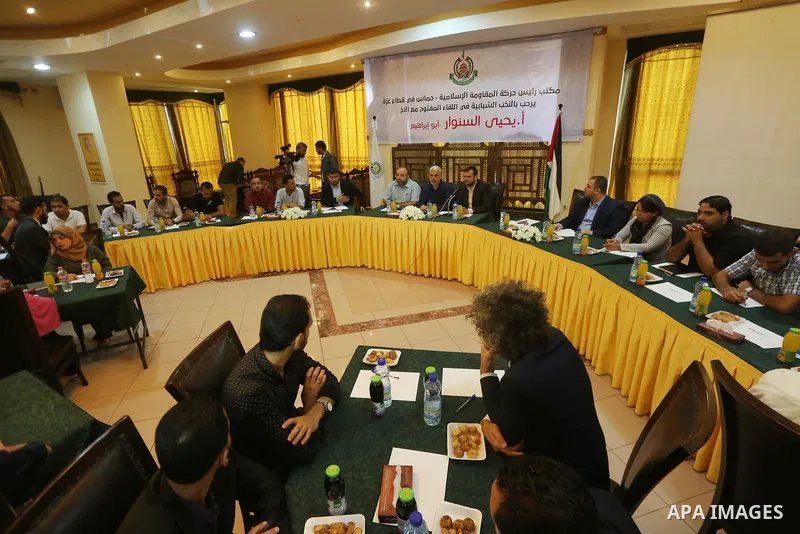 Leader of the Hamas Islamist movement, Yahya Sinwar in the Gaza Strip attends a meeting in Gaza City on September 28, 2017. Photo by Mohammed Asad