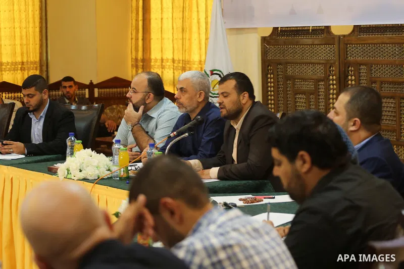 Leader of the Hamas Islamist movement, Yahya Sinwar in the Gaza Strip attends a meeting in Gaza City on September 28, 2017. Photo by Mohammed Asad