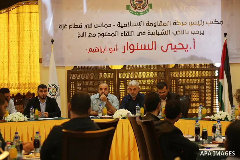 Leader of the Hamas Islamist movement, Yahya Sinwar in the Gaza Strip attends a meeting in Gaza City on September 28, 2017. Photo by Mohammed Asad