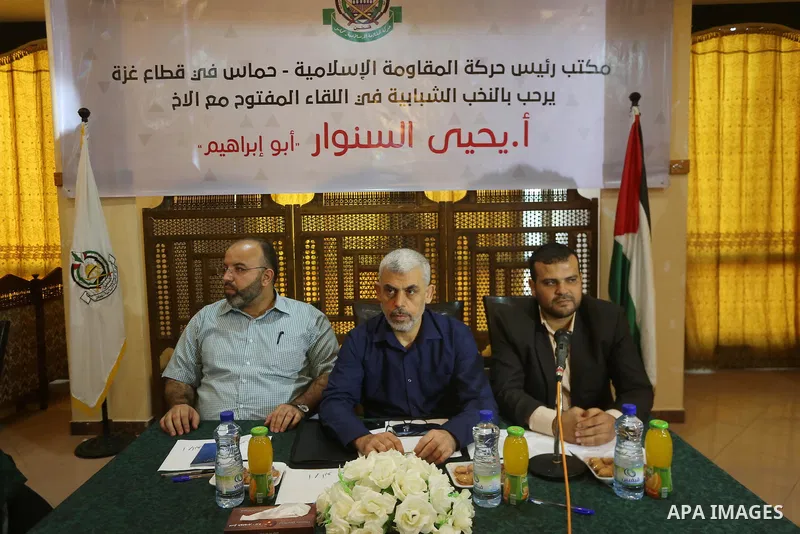 Leader of the Hamas Islamist movement, Yahya Sinwar in the Gaza Strip attends a meeting in Gaza City on September 28, 2017. Photo by Mohammed Asad
