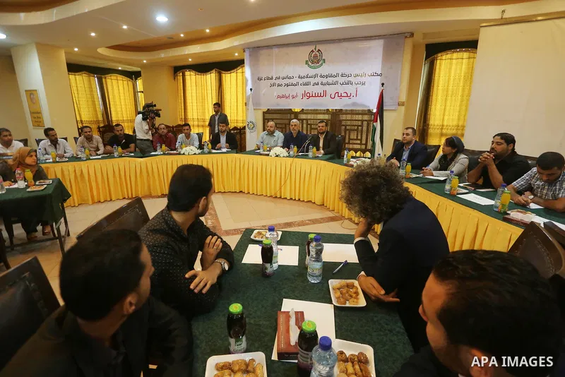 Leader of the Hamas Islamist movement, Yahya Sinwar in the Gaza Strip attends a meeting in Gaza City on September 28, 2017. Photo by Mohammed Asad