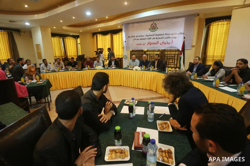 Leader of the Hamas Islamist movement, Yahya Sinwar in the Gaza Strip attends a meeting in Gaza City on September 28, 2017. Photo by Mohammed Asad
