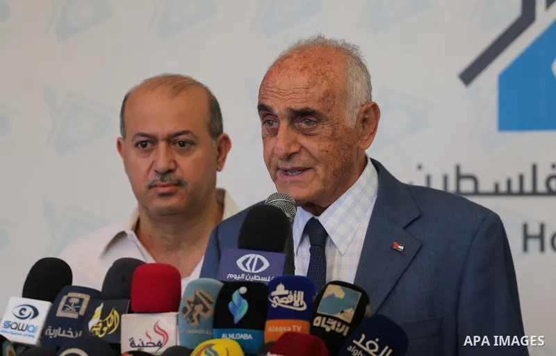 Head of independent personalities gathered, Munib al-Masri, speaks during a press conference to announce the "Chinese initiative" economic and political reconstruction, in Gaza city, on October 1, 2017. Photo by Mohammed...