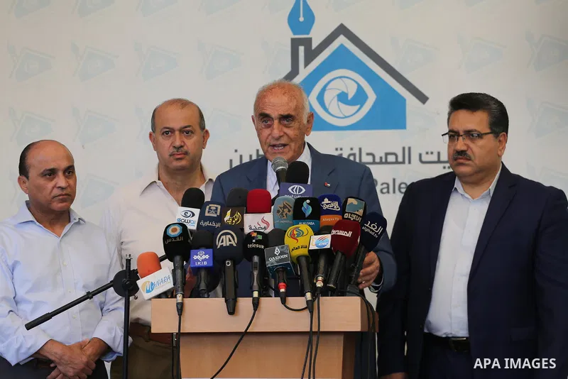 Head of independent personalities gathered, Munib al-Masri, speaks during a press conference to announce the "Chinese initiative" economic and political reconstruction, in Gaza city, on October 1, 2017. Photo by Mohammed...