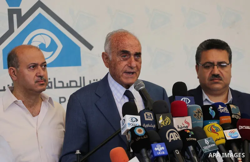 Head of independent personalities gathered, Munib al-Masri, speaks during a press conference to announce the "Chinese initiative" economic and political reconstruction, in Gaza city, on October 1, 2017. Photo by Mohammed...