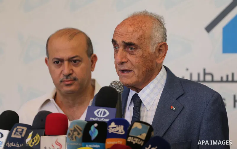 Head of independent personalities gathered, Munib al-Masri, speaks during a press conference to announce the "Chinese initiative" economic and political reconstruction, in Gaza city, on October 1, 2017. Photo by Mohammed...