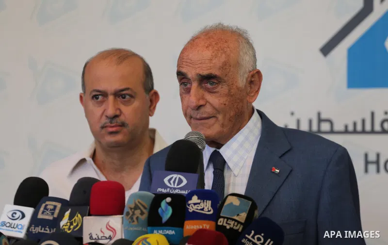 Head of independent personalities gathered, Munib al-Masri, speaks during a press conference to announce the "Chinese initiative" economic and political reconstruction, in Gaza city, on October 1, 2017. Photo by Mohammed...