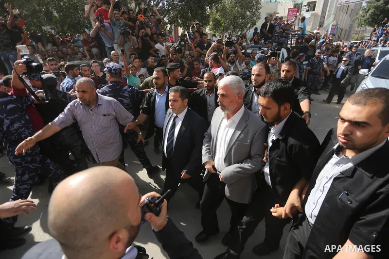 Leader of the Hamas Islamist movement, Yahya Sinwar in the Gaza Strip arrives to meeting with Palestinian Prime Minister Rami Hamdallah at the house of Ahmed Hilles, top Fatah official in Gaza city on October 2, 2017. Ha...