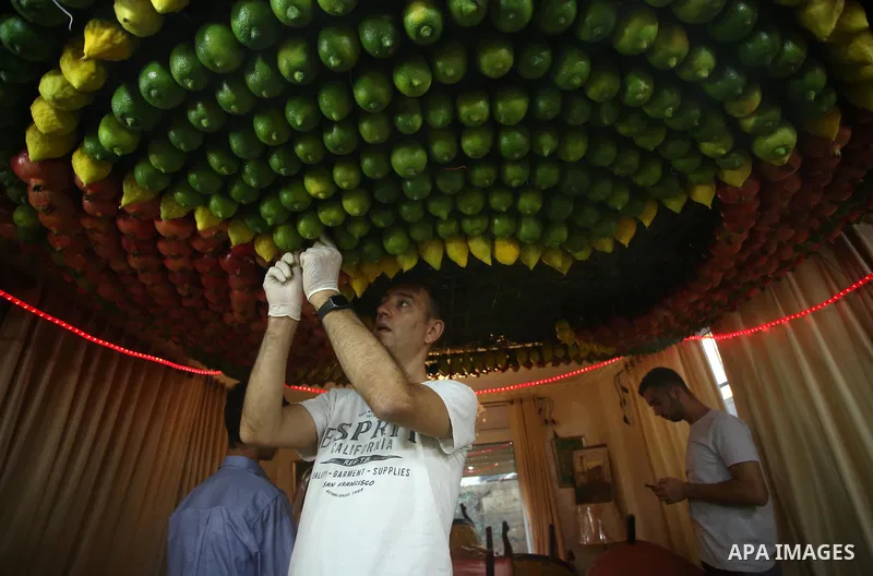 A member of the Samaritan sect decorates a traditional hut known as a sukkot with fruits and vegetables on Mount Gerizim, on the outskirts of the West Bank city of Nablus, October 2, 2017. A sukkot is a ritual hut used d...