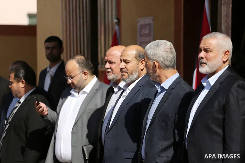 Palestinian Hamas Chief Ismail Haniyeh and senior Hamas leaders wait for the arrival of Egyptian intelligence Minister Khaled Fawzi in Gaza City October 3, 2017. Photo by Mohammed Asad