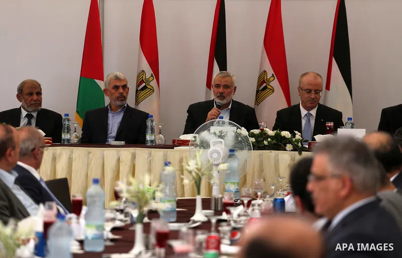 Hamas Chief Ismail Haniyeh meets with Palestinian Prime Minister Rami Hamdallah in Gaza City, October 3, 2017. Hamdallah arrived in Gaza for his first visit in two years, saying the Palestinian Authority would assume con...