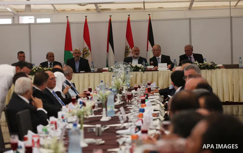 Hamas Chief Ismail Haniyeh meets with Palestinian Prime Minister Rami Hamdallah in Gaza City, October 3, 2017. Hamdallah arrived in Gaza for his first visit in two years, saying the Palestinian Authority would assume con...
