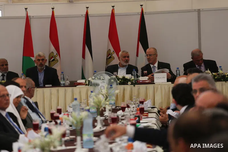 Hamas Chief Ismail Haniyeh meets with Palestinian Prime Minister Rami Hamdallah in Gaza City, October 3, 2017. Hamdallah arrived in Gaza for his first visit in two years, saying the Palestinian Authority would assume con...