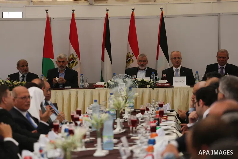 Hamas Chief Ismail Haniyeh meets with Palestinian Prime Minister Rami Hamdallah in Gaza City, October 3, 2017. Hamdallah arrived in Gaza for his first visit in two years, saying the Palestinian Authority would assume con...