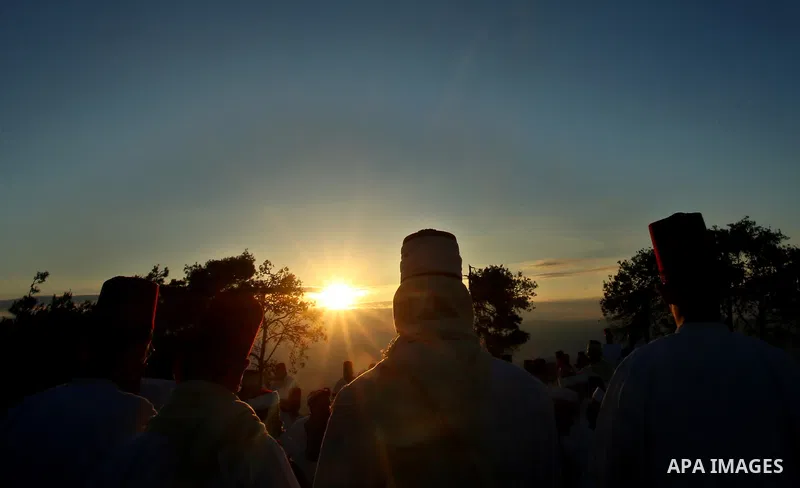 Samaritans pray on top of Mount Gerizim near the northern West Bank city of Nablus on October 4, 2017 during the holiday of Sukkot (Tabernacles) celebrations. Sukkot marks the exodus of the ancient Hebrew people from Egy...