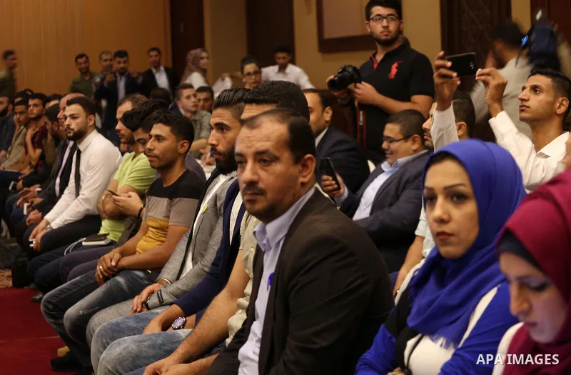 Palestinian Prime Minister Rami Hamdallah meets with Palestinian youths in Gaza city on October 4, 2017. For three days it was all smiles as the Palestinian prime minister held talks in Gaza with Hamas but as the symboli...