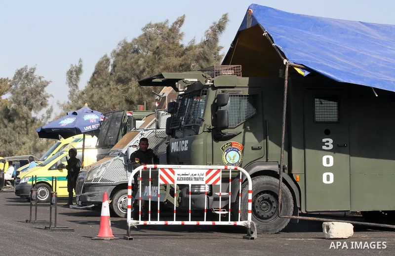 Egyptian security forces stand guard outside Borg al-Arab stadium before the World Cup 2018 Africa qualifying football match between Egypt and Congo in Alexandria on October 8, 2017. Photo by Amr Sayed