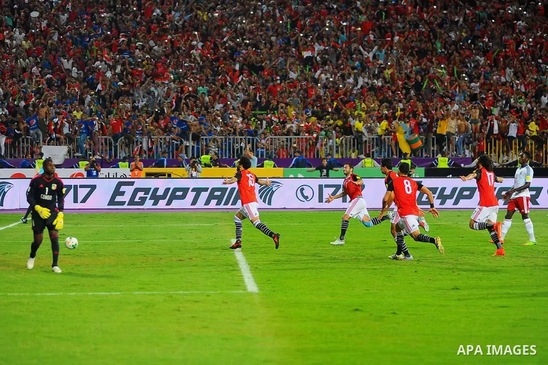 Egypt's team players celebrate wining after the 2018 FIFA World Cup qualification match between Egypt and Congo at the Borg El-Arab Stadium in Alexandria, Egypt, Oct. 8, 2017. Egypt won 2-1 and qualified to the World Cup...