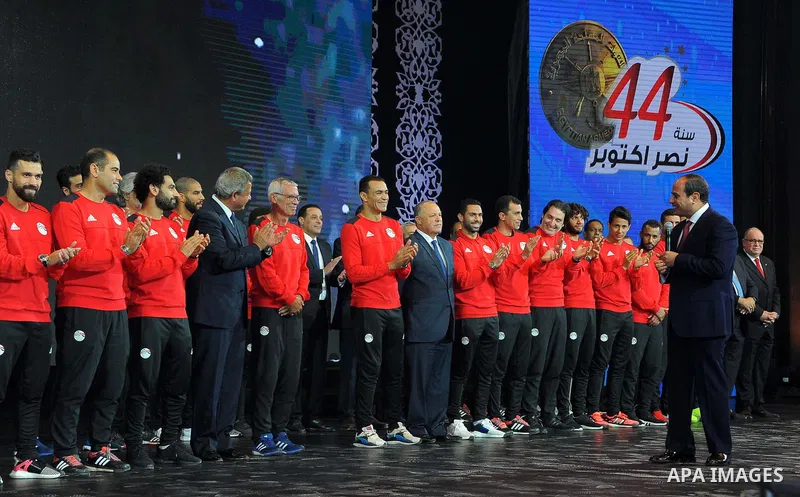 Egyptian President Abdel Fattah al-Sisi honors players of his country's national football team in Cairo, following their win over Congo and securing a place at the 2018 World Cup in Russia, on October 9,2017. Egypt last...