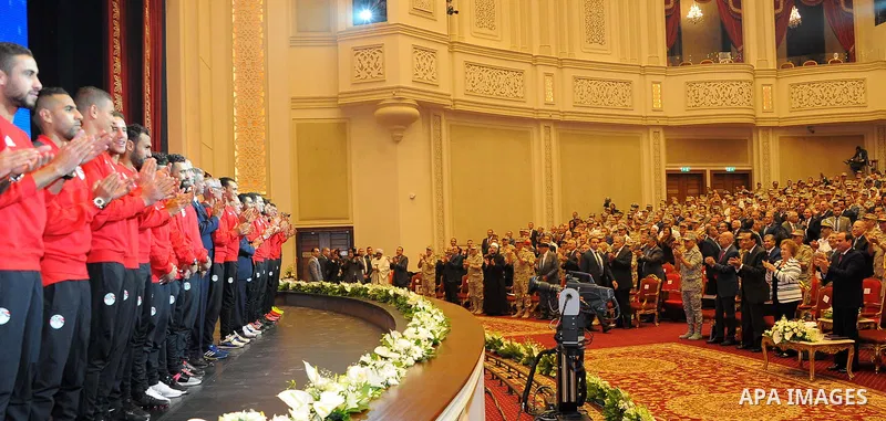 Egyptian President Abdel Fattah al-Sisi honors players of his country's national football team in Cairo, following their win over Congo and securing a place at the 2018 World Cup in Russia, on October 9,2017. Egypt last...