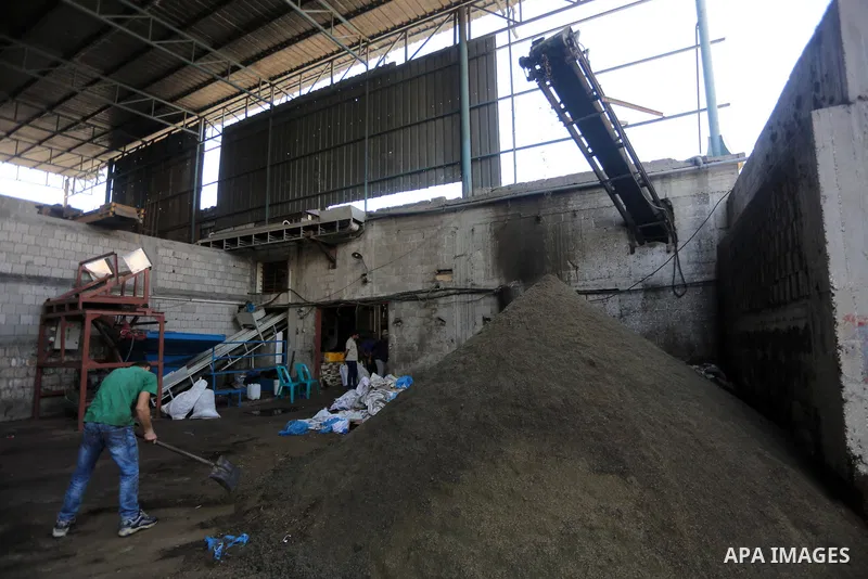 A Palestinian man sorts olives cleaned by a machine before pressing it to be made into oil at an olive press in Gaza city, on October 11, 2017. Photo by Mohammed Asad
