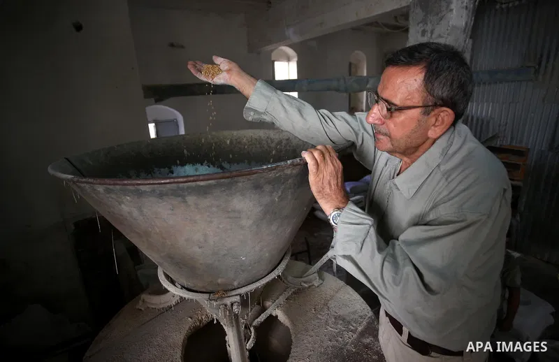 Palestinian laborers work at a Al-Adham old flour mill in the old town of West Bank city of Nablus October 10, 2017. Al-Adham mill Was founded in 1945 and grinds all kinds of grains, such as wheat, beans, chickpeas, on m...