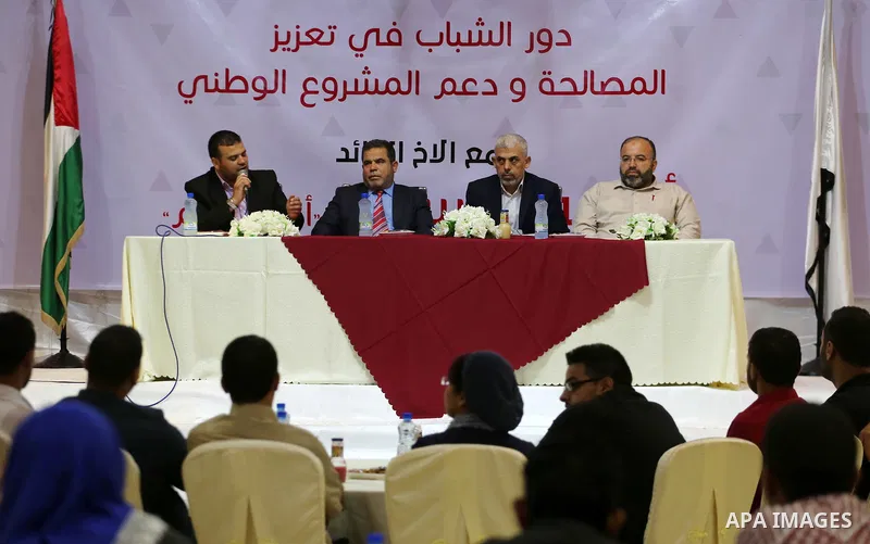Hamas's leader in the Gaza Strip Yahya Sinwar attends a meeting with Palestinian youths about Palestinian reconciliation, in Gaza city on October 19, 2017. Photo by Mohammed Asad