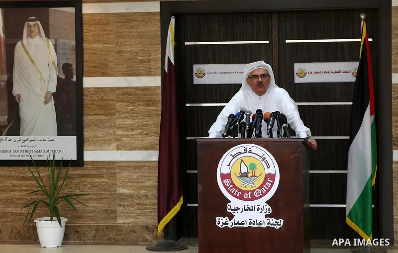 Qatar's Ambassador to the Palestinian Authority, Mohammed Al Emadi speaks during a press conference, in Gaza city, on October 24, 2017. Photo by Mohammed Asad